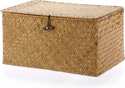 Rack di Stoccaggio con Cestello di Paglia intrecciata - Naturale - Marrone - con Cerniera - per Organizzare Giochi, Abiti, Frutta - Armadio per Abiti, Sala da Pranzo - 36 x 24 x 18 cm