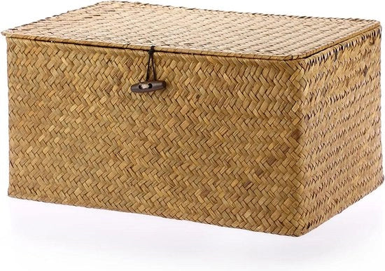 Rack di Stoccaggio con Cestello di Paglia intrecciata - Naturale - Marrone - con Cerniera - per Organizzare Giochi, Abiti, Frutta - Armadio per Abiti, Sala da Pranzo - 36 x 24 x 18 cm