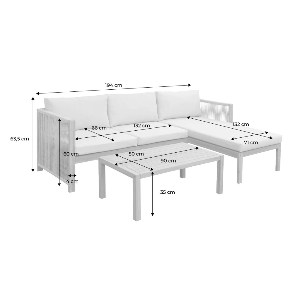 Salotto da giardino angolare in legno di acacia e corda, 4 posti,