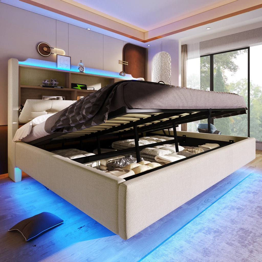Letto matrimoniale contenitore 180x200 cm effetto sospeso con LED; testiera portaoggetti; USB e USB-C; lino beige