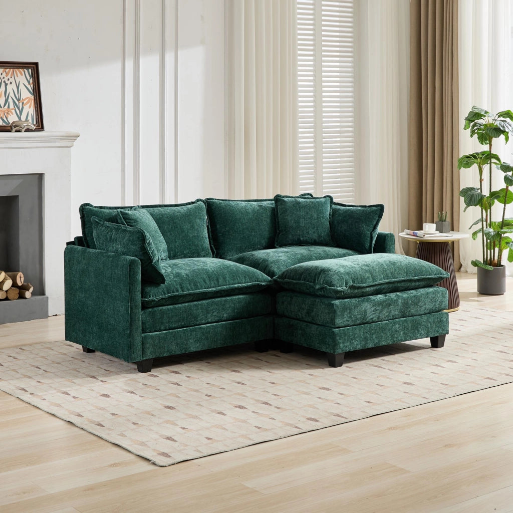 Divano modulare in ciniglia con cuscino ergonomico e seduta a doppio strato, verde per soggiorno e appartamento
