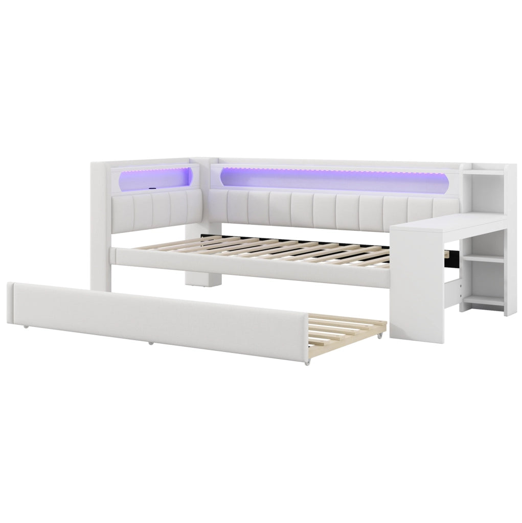 Letto 90x200 cm con letto estraibile; LED e USB in MDF; compensato e imbottito bianco