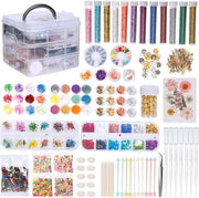 Set di resina epoxy con 260 accessori per creare gioielli - inclusi glitter, fiori secchi e piume di glitter