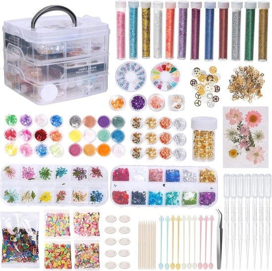 Set di resina epoxy con 260 accessori per creare gioielli - inclusi glitter, fiori secchi e piume di glitter