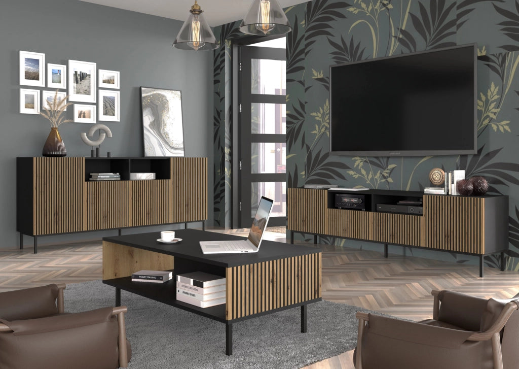 TAVOLINO DA CAFFÈ RAVENNA F IN MDF VERNICIATO NERO OPACO 90x60x45 ROVERE ARTIGIANALE STRUTTURA NERA