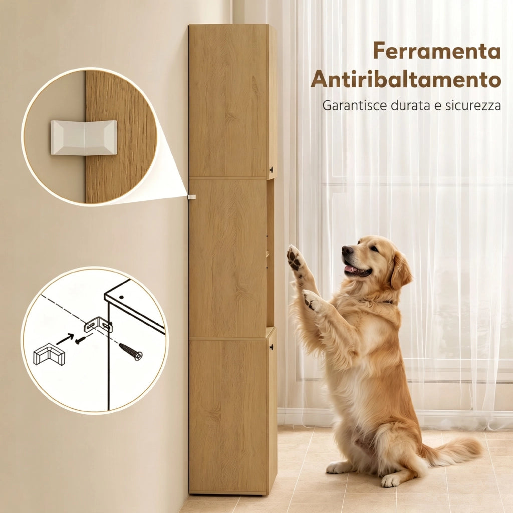 Mobile da Bagno a Colonna Slim 40x31x182H cm 6 Ripiani 2 Ante e Ripiano in Vetro Temperato in MDF Rovere