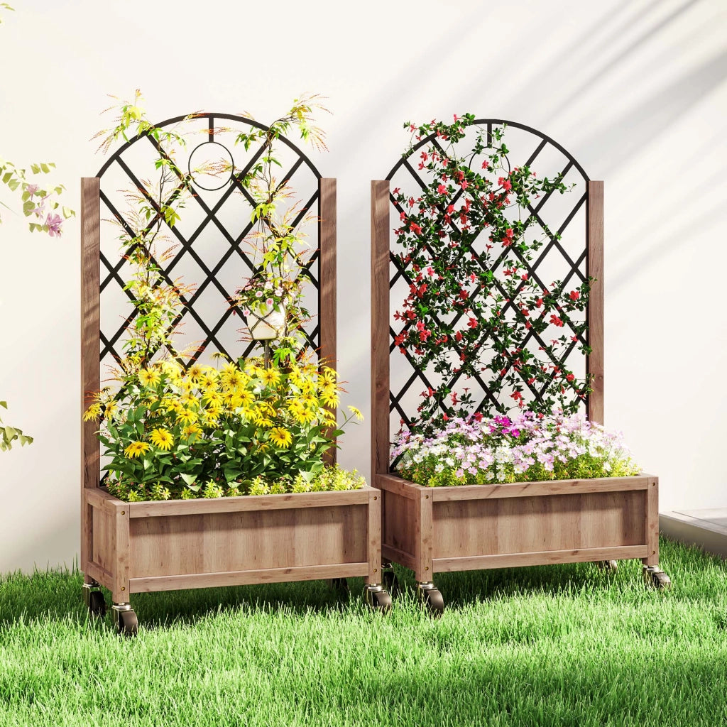 Set 2 Pezzi Fioriera da Giardino con Ruote e Griglia ¨C Zephmum ¨C Legno 52x25x97cm Marrone