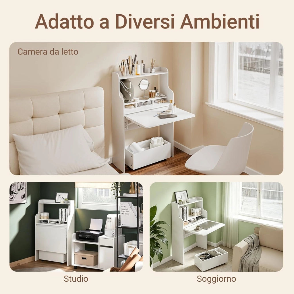 Scrivania Pieghevole a Muro Scrivania Salvaspazio Richiudibile con Scatola Portaoggetti con Ruote Tavolo Pieghevole Bianco 64x63x100,6 cm FWT105-II-W
