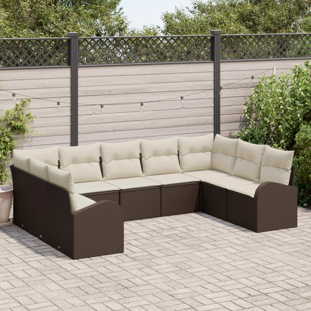 Set di Divani da Giardino  9 Pezzi con Cuscini Marrone Polyrattan