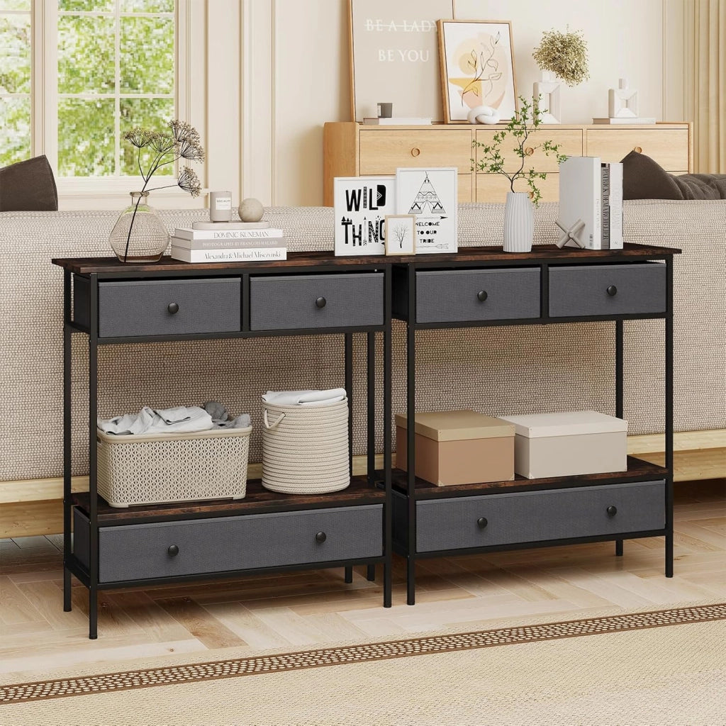 Tavolo consolle con 3 cassetti pieghevoli e vano portaoggetti aperto, tavolo d'ingresso con telaio in metallo, tavolo da esposizione rustico per soggiorno, corridoio e ingresso, 80 x 30 x 85,5