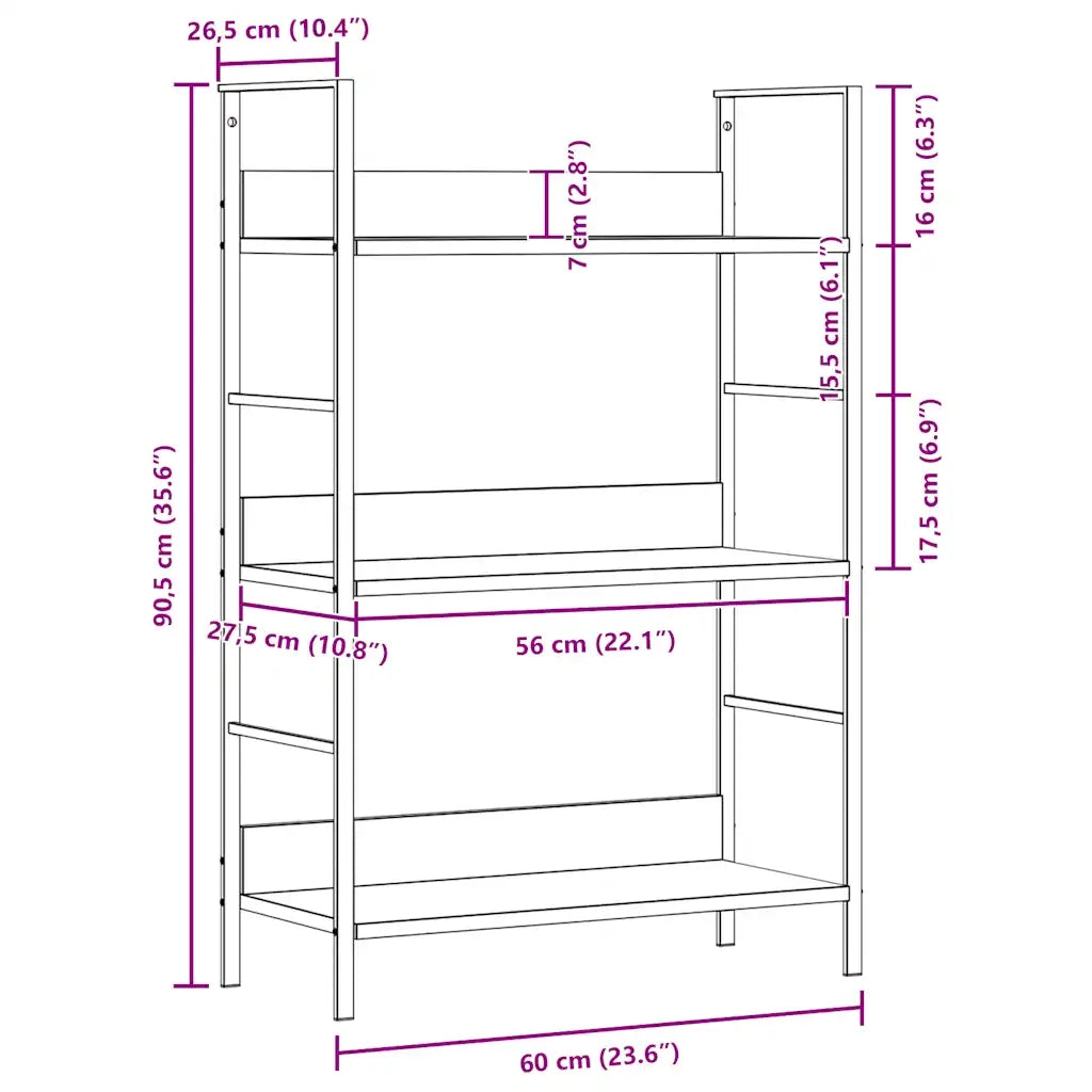 Scaffale Libri 3 Ripiani Rovere 60x27,6x90,5 Legno Multistrato 288221