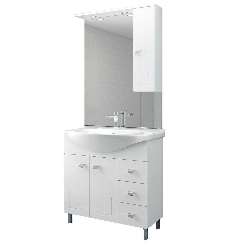 MOBILE BAGNO BIANCO 'EVA' COMPLETO CON LAVABO 83 CM SPECCHIO E COLONNA