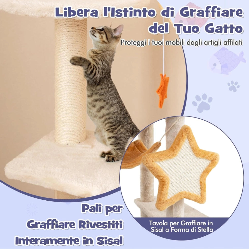 Albero per Gatti da Interno da 160 cm, Albero Tiragraffi con Pali e Tavole da Graffio in Sisal, Condominio, Trespolo in Peluche, Piattaforme, Giocattoli Appesi e Palla a Molla