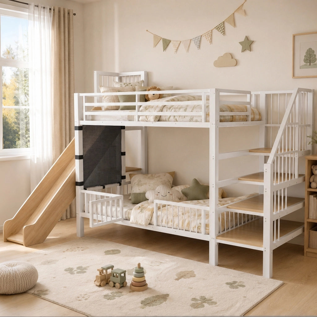 Letto a soppalco 90 × 200 cm con scivolo; scala contenitore; ripiani e barriera in metallo bianco