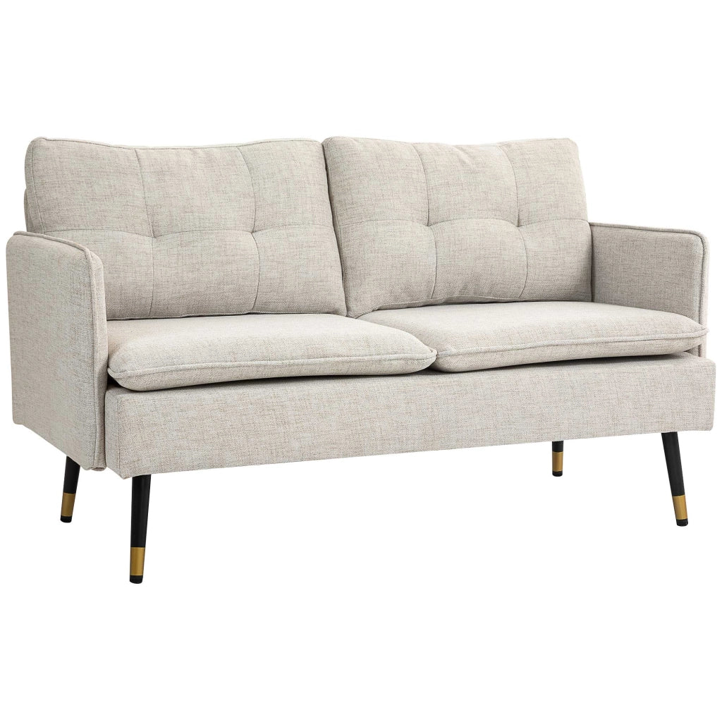 Divano 2 Posti 139x68x80 cm con Cuscini Imbottiti in Tessuto Effetto Lino Bianco Crema