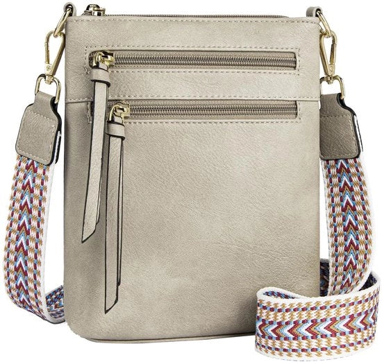 Borsa da Spalla Leggera per Donna - Pelle Vegan - Dimensioni 20cm x 17,5cm x 4,5cm - Cinturino Regolabile - Grigio Cremo/Marrone