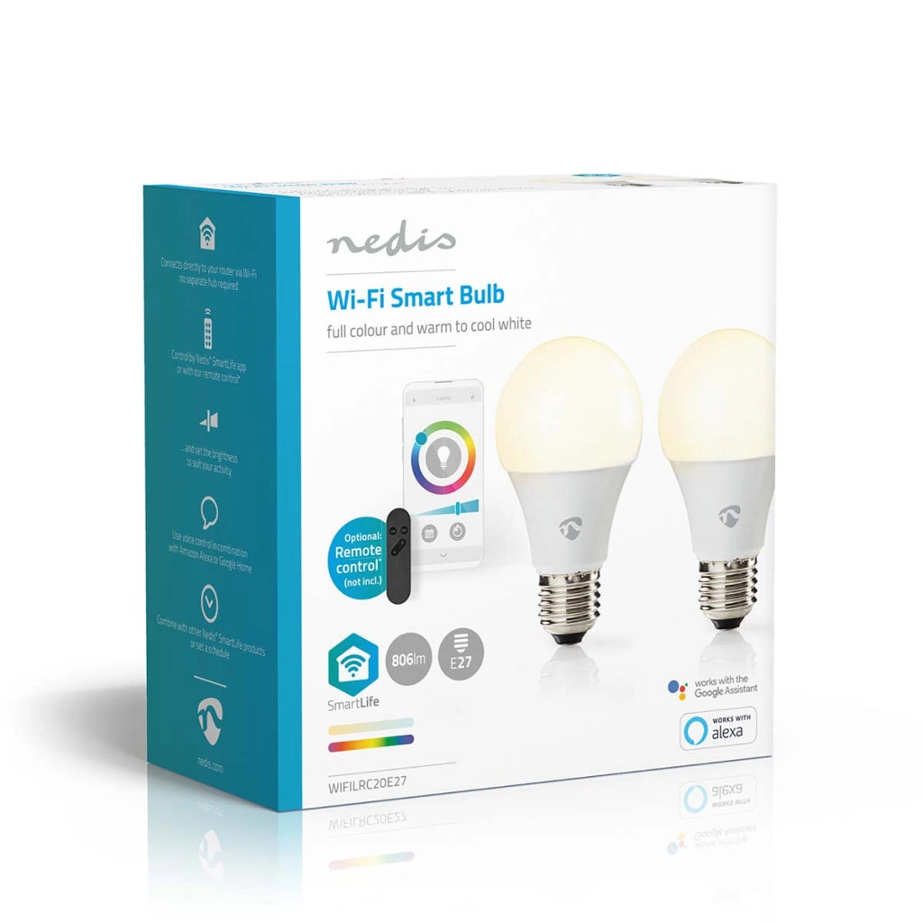Confezione da 2 lampadine connesse Wi-Fi LED RGB 9W 806lm E27 in plastica Bianco Nedis