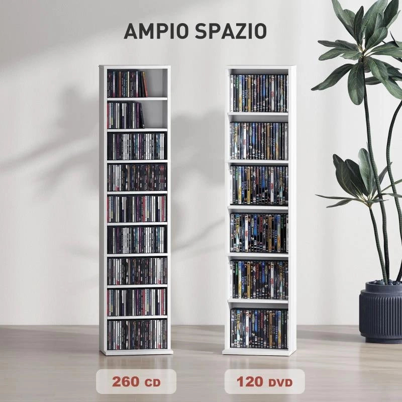 SCAFFALE PORTA CD CON 6 RIPIANI REGOLABILI, CAPACITÀ DI 260 CD/120 DVD, 33X24X140 CM, BIANCO