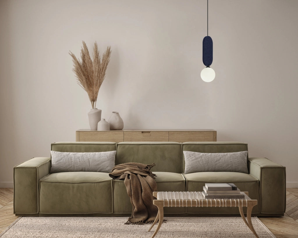 Lampada a sospensione feltro blu ovale sfera vetro G9 Italux