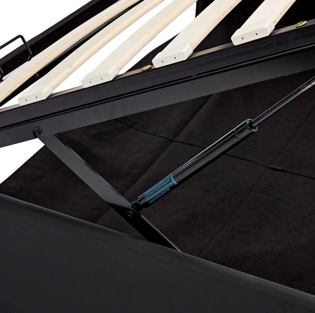 Letto imbottito nero 140 x 200 cm con USB, LED e vano contenitore