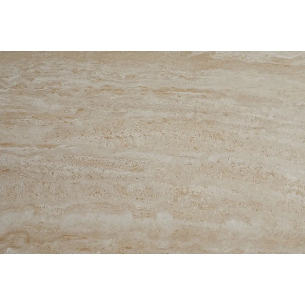 Tavolo da pranzo rotondo ARAVIS 120 cm - Ceramica beige effetto pietra e gambe design marrone