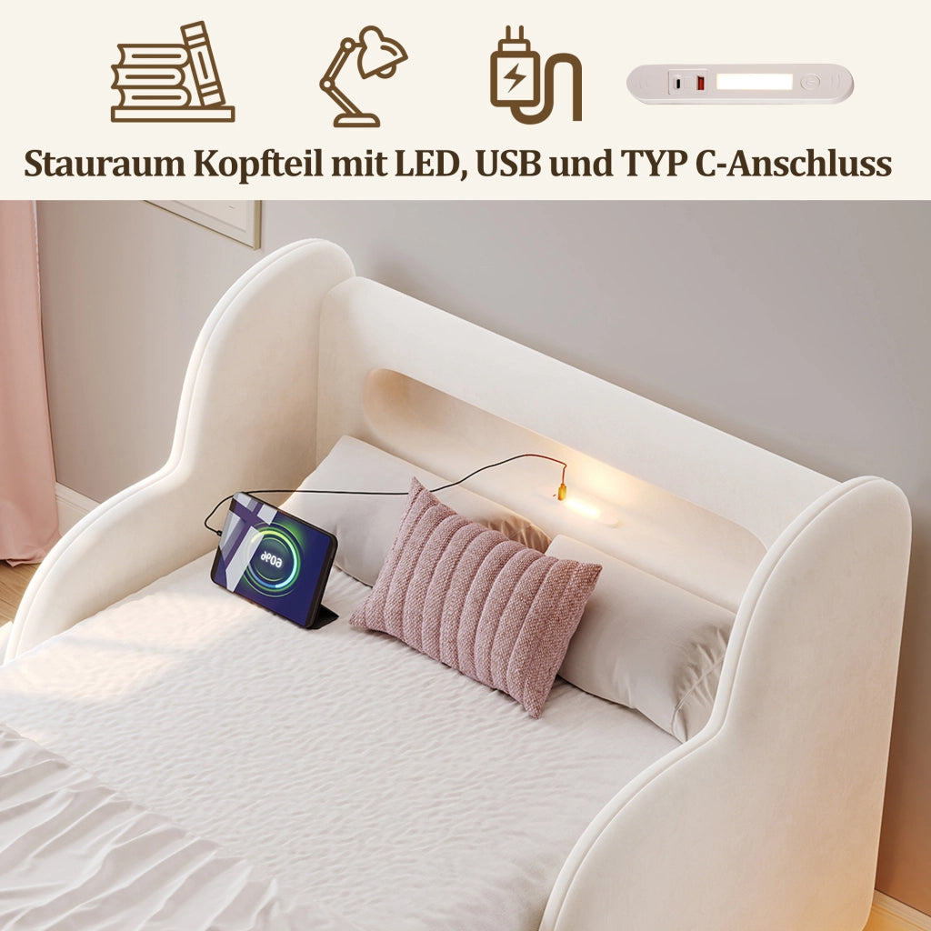 LETTO 90x200 cm in velluto beige con sponde, luce notturna e presa USB Type-C