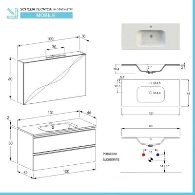 Mobile bagno sospeso 100 cm grigio cemento con lavabo e specchio contenitore Master