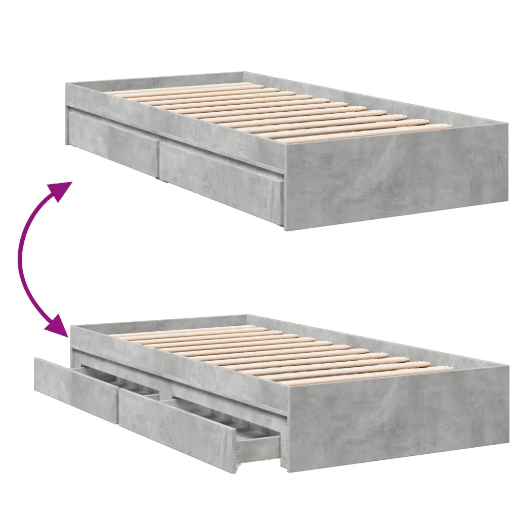 Letto singolo | Letto per adulti | Giroletto Cassetti Grigio Cemento 90x190 cm Legno Multistrato