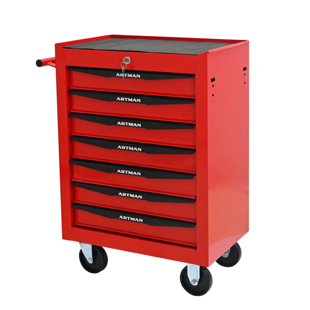 Carrello portautensili con 7 cassetti e chiusura, in acciaio, su ruote, per garage, rosso nero, 60 × 33 × 77,5 cm