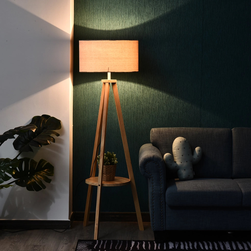 Lampada da terra ¨C zephmum ¨C struttura in legno naturale, paralume in tela beige, ripiano integrato 50x50x154 cm