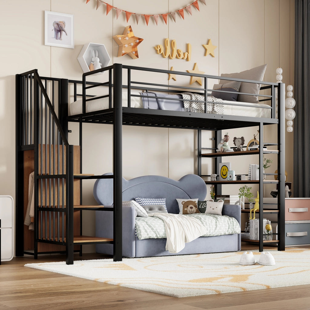 OKWISH Letto a Soppalco 90×200 cm, Letto Singolo con Scala Contenitore, Armadio e Mensole, senza Materasso, in Metallo, Nero