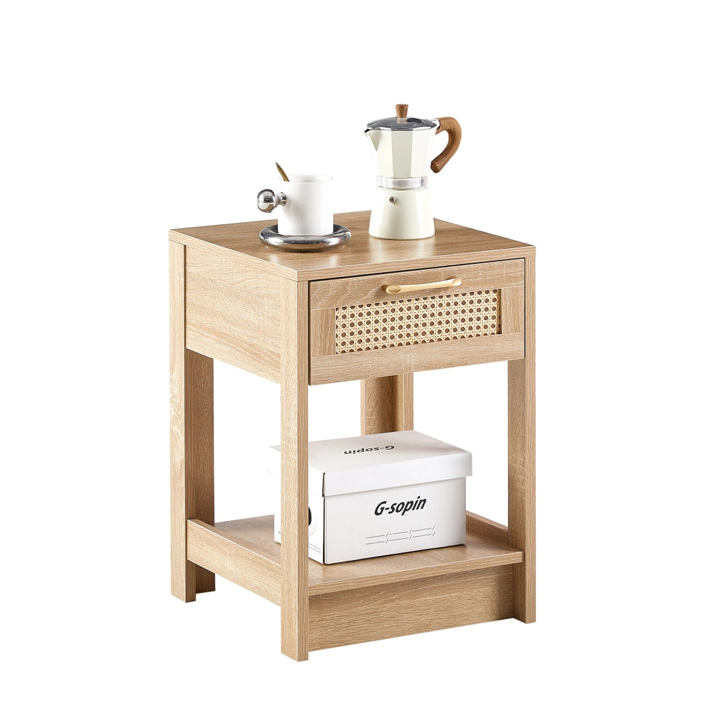 Comodino in MDF con 1 cassetto effetto rattan per camera da letto e soggiorno naturale 40 × 40 × 55 cm