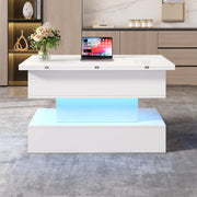 Tavolino da caffè 100x50x51.5 cm con piano sollevabile; vano contenitore e LED; truciolare bianco