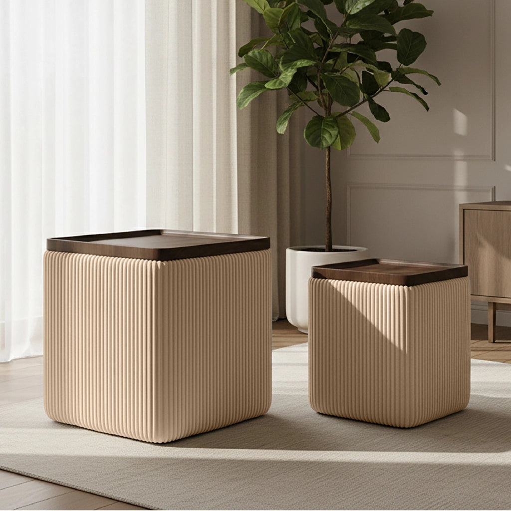 Set 2 Pouf Contenitore Quadrati in Velluto con Coperchio in Legno, Tavolino da Salotto Moderno, Pouf Contenitore Salvaspazio, Seduta Imbottita, Pouf Poggiapiedi Crema