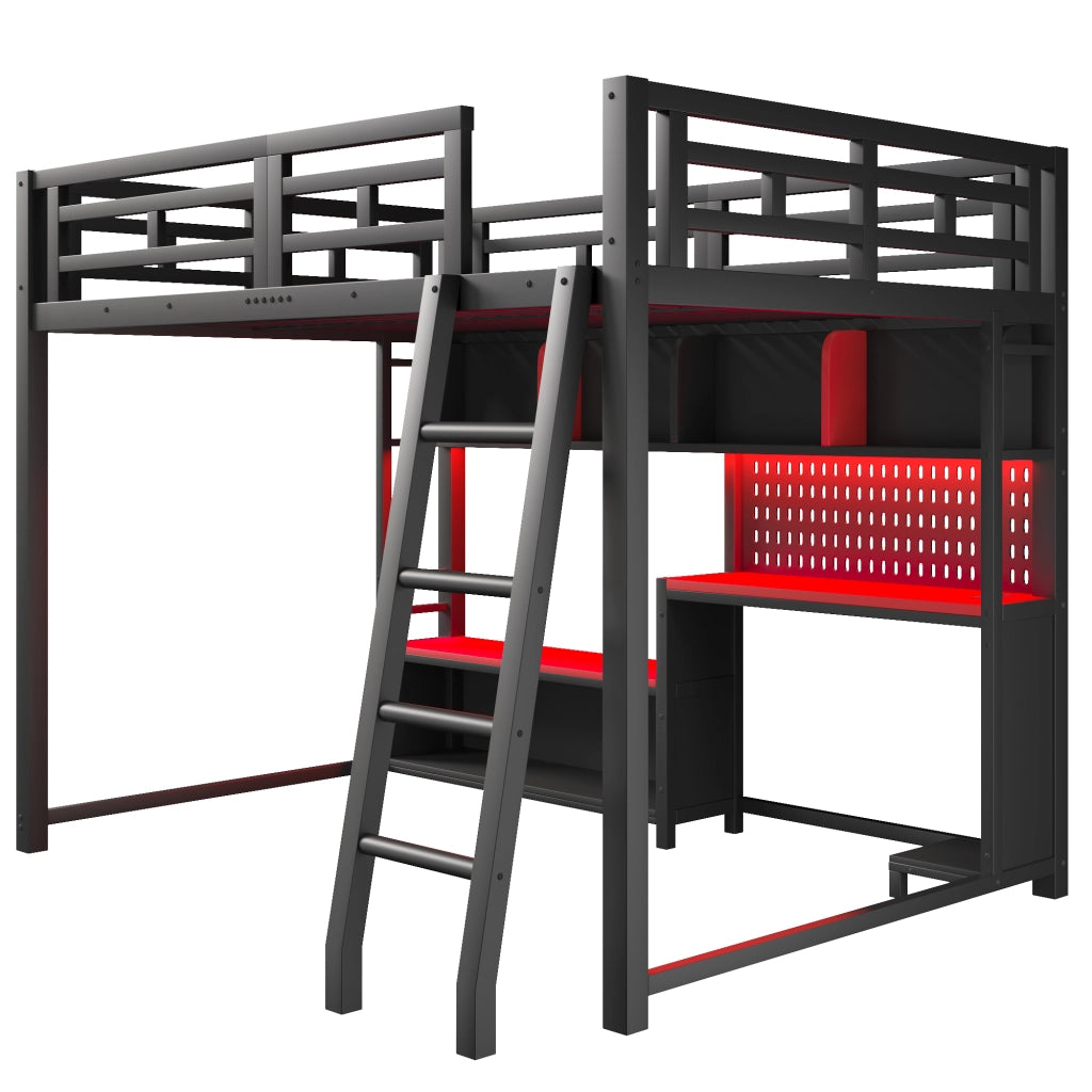 Letto a soppalco 140 × 200 cm con scrivania LED RGB e ripiani in metallo e MDF nero per camera dei ragazzi