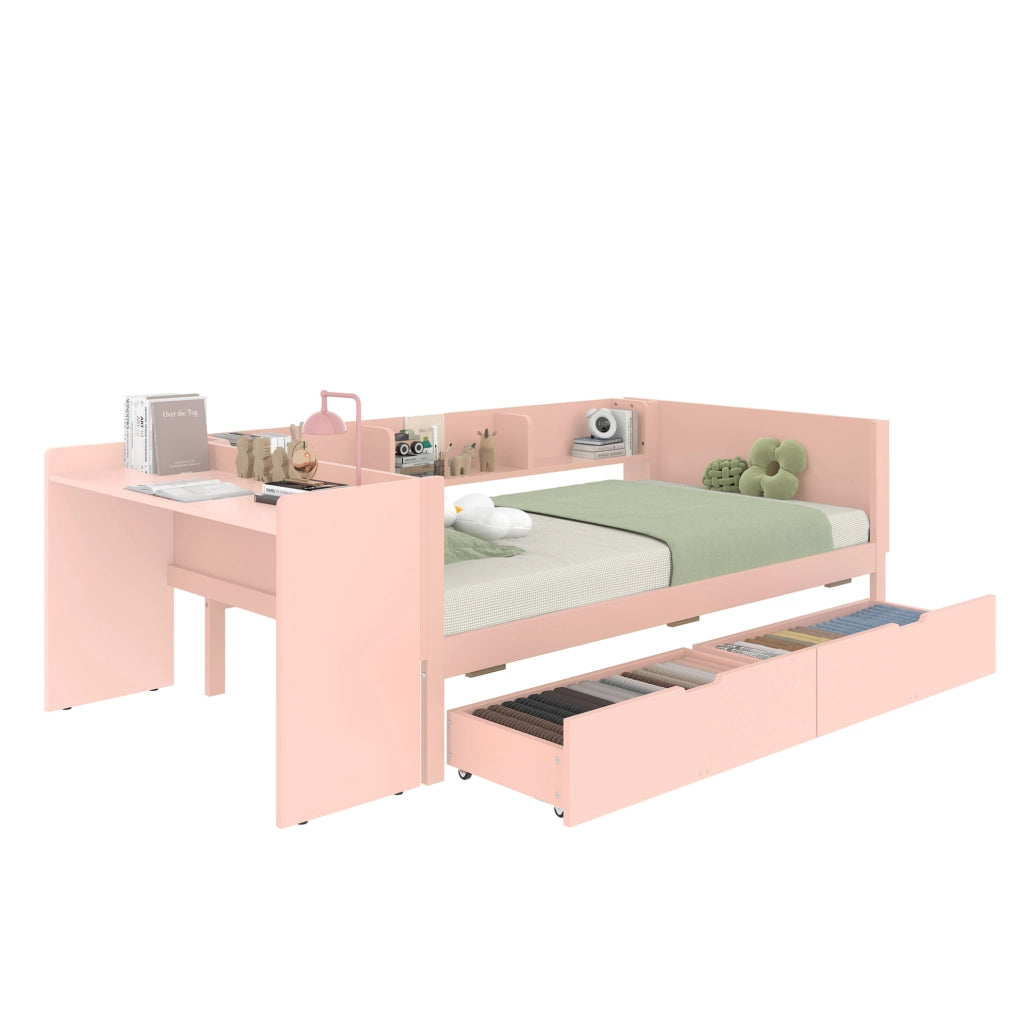 Letto 90x200 cm con scrivania; 2 cassetti e ripiani in pino e truciolare bianco/rosa