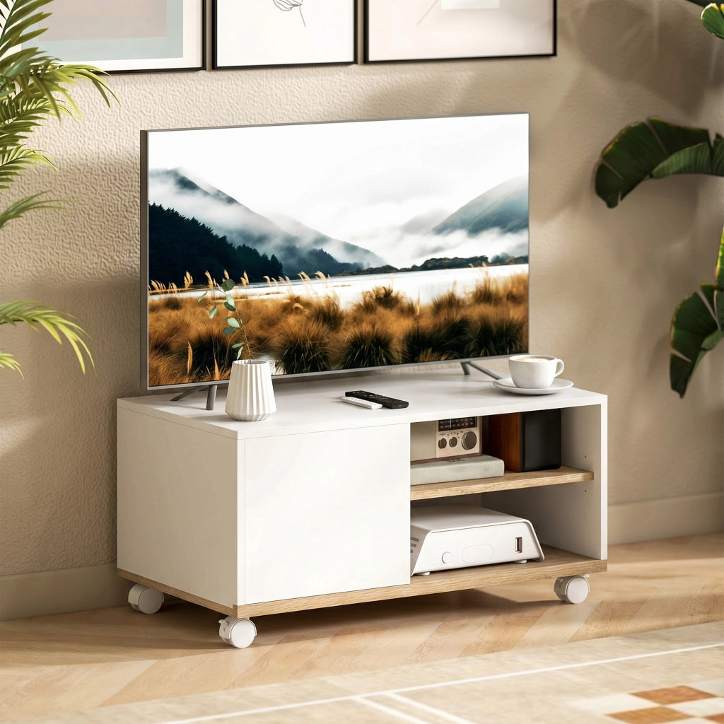 Mobile TV su ruote con ante e ripiano regolabile ¨C Xylo ¨C Bianco e rovere