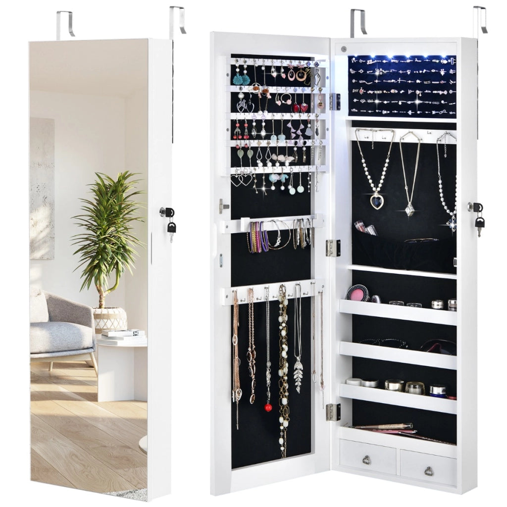 Armadio per gioielli al muro o alla porta con specchio, Organizer gioielli con 6 luci LED e 2 cassetti Bianco-Armadietti per gioielli