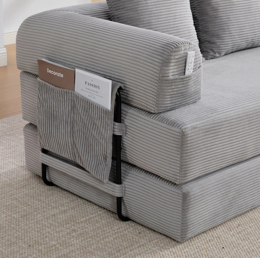 Divano modulare in velluto a coste con struttura in metallo; 3 cuscini; grigio chiaro 200 cm