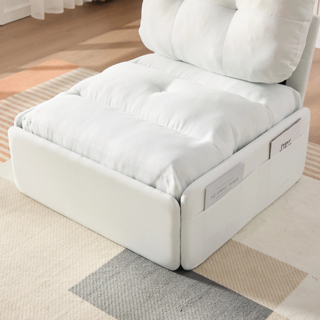 Poltrona letto 2 in 1 estraibile con tasche laterali design senza braccioli per piccoli spazi in lino bianco