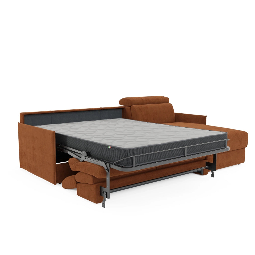 Miryam divano letto angolare compatto - poggiatesta reclinabili e penisola contenitore in tessuto smacchiabile T31 252 cm destro arancio ruggine