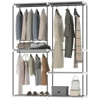Armadio per Abiti Aperto con 4 Ripiani in Tessuto 3 Barre per Appendere Struttura in Metallo 142x43x185 cm Grigio Chiaro