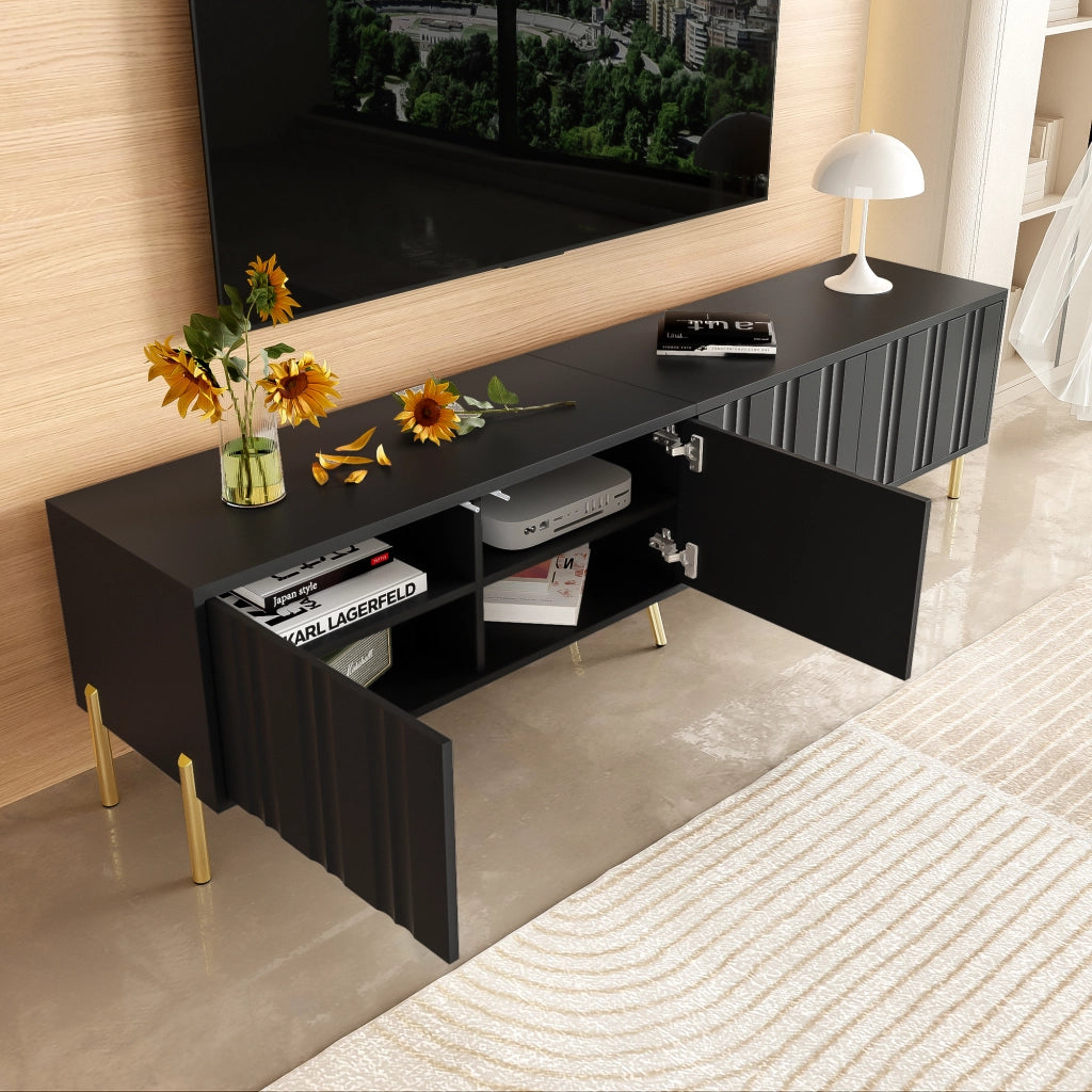 Mobile TV con 4 Ante e 8 Ripiani; Ante Scanalate; Gambe Dorate; per Soggiorno; in MDF e Pannelli di Particelle; Nero; 190×38×48 cm