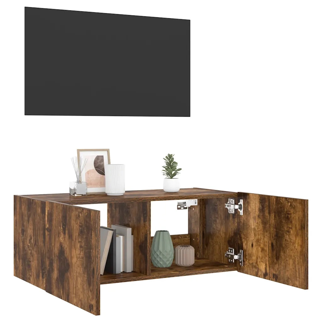 Mobile TV a Parete con Luci LED Rovere Fumo 80x35x31 cm 837289