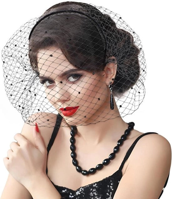 Slitta per uccelli con velo a rete e fascia di strass per cappello, velo nero per funerali, ricordi e cerimonie religiose