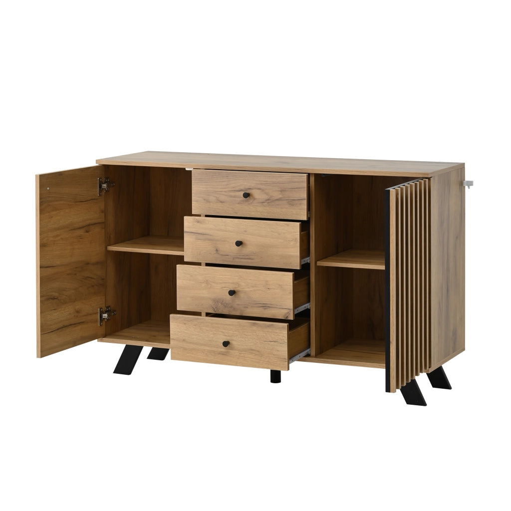 Credenza con 2 vani e 4 cassetti - per soggiorno - in MDF - 120×38×75 cm - nero e legno