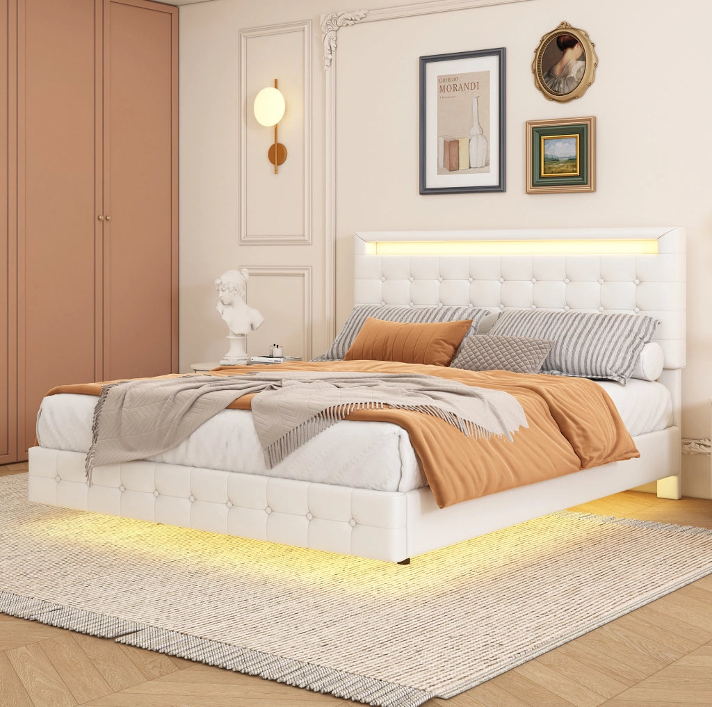 Letto 140x200 cm con luci LED; testiera regolabile; PU; bianco