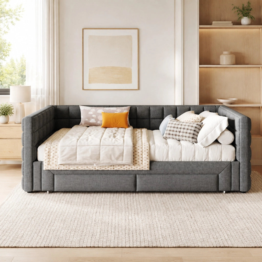 Daybed estraibile 90x200 cm in velluto grigio con 2 cassetti e schienale quadrato
