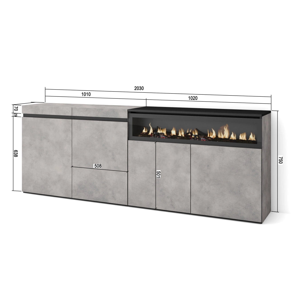 Credenza, Mobile, 200x35x75cm, 4 Porte, Camino elettrico, grigio cemento RF2373