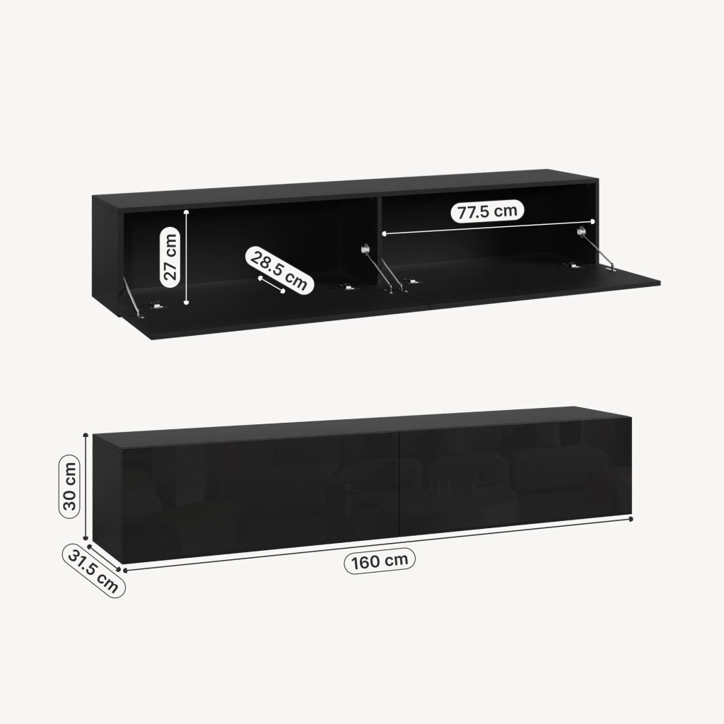 Mobile Pensile Evaton Porta TV da Parete 160 x 32 x 30 cm - Nero Lucido [en.casa]